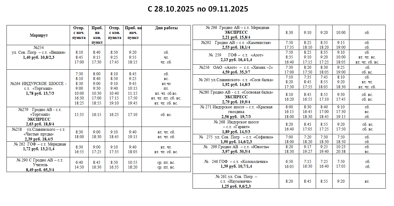 Расписание дачных маршрутов с 28.10.2025 по 09.11.2025